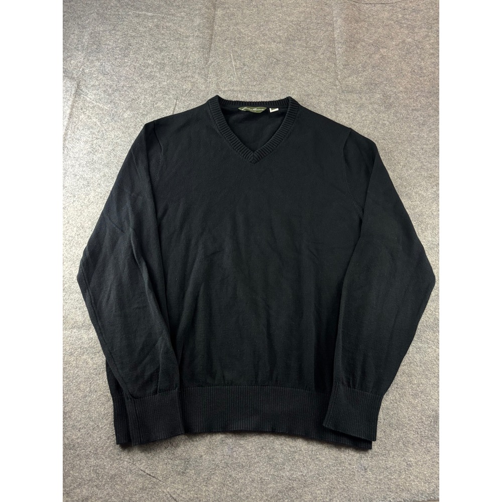 Eddie Bauer Mens L Black V-Neck Pullover Sweater Solid Knit Classic Fit Ganola